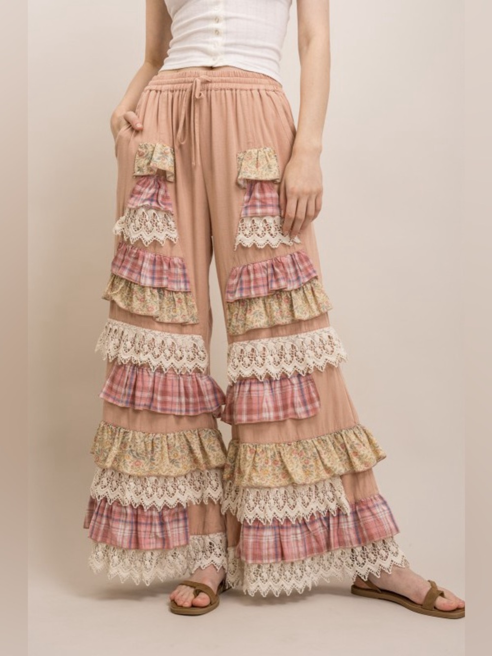Bluevelvet mineral washed lace embroidered patchwork ruffle bohemian floral pant